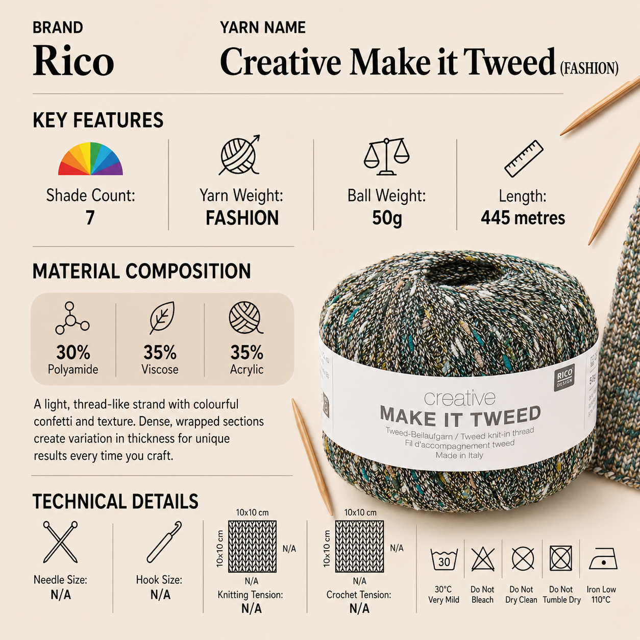 Rico Creative Make It Tweed Fashion Yarn - 50G, Polyamide Viscose Acrylic Blend Multi-Colored Confetti Tweed Knitting & Crochet Yarn for Sweaters, Shawls & Beanies
