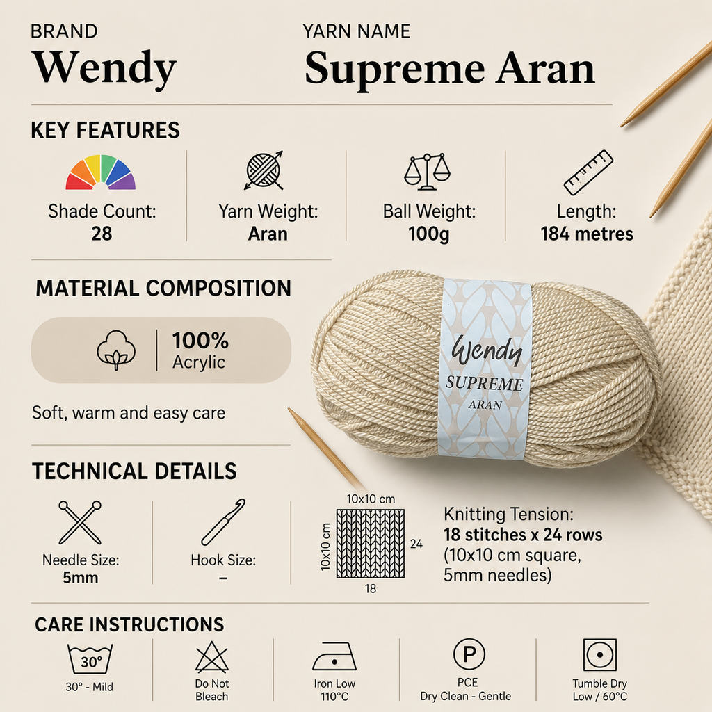 Wendy Supreme Aran Yarn for Crochet - 100g, Luxury 100% Acrylic Soft Machine washable Knitting Wool for Cozy Jumpers, Sweaters & Cardigans