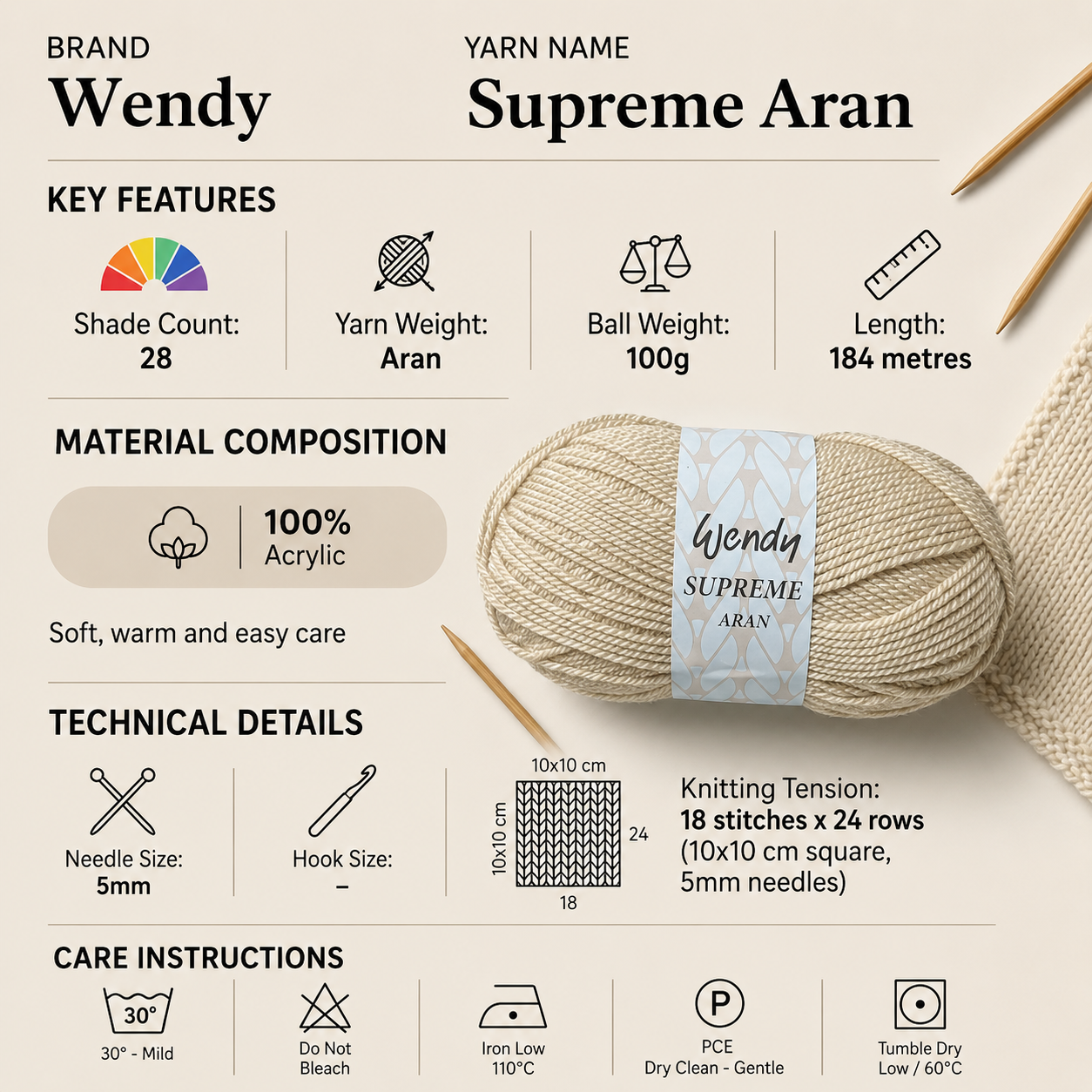 Wendy Supreme Aran Yarn for Crochet - 100g, Luxury 100% Acrylic Soft Machine washable Knitting Wool for Cozy Jumpers, Sweaters & Cardigans