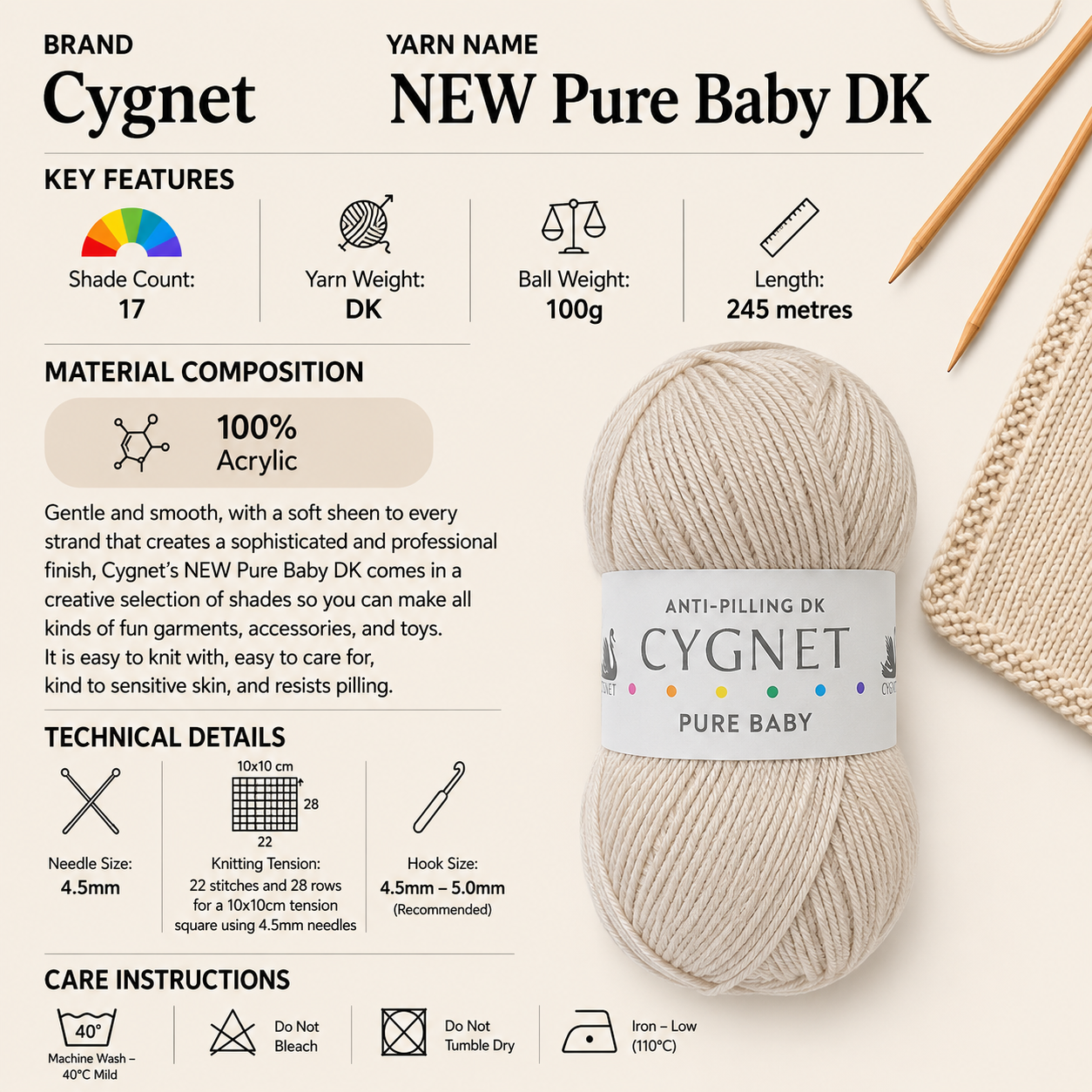 Cygnet New Pure Baby DK Yarn - 100g, 100% Acrylic Anti-Pilling Soft Baby Double Knitting Yarn for Garments, Accessories & Toys