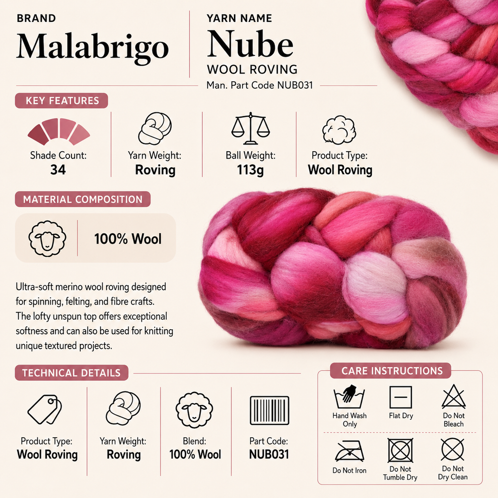 Malabrigo Nube Roving Crochet Yarn - 113g, 100% Ultra-Soft Hand-Dyed Unspun Merino Top for Spinning, Knitting, Needle Felting, Thrumming & Fibre Crafts