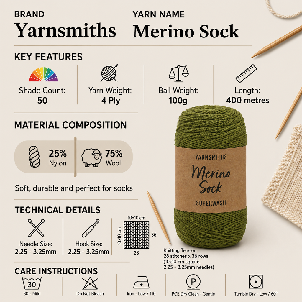 Yarnsmiths Merino Sock 4 Ply Yarn - 100g, Luxury Merino Wool & Nylon Blend Soft Crochet Knitting Sock Yarn in Pastel Shades for Lace Shawls & Babywear