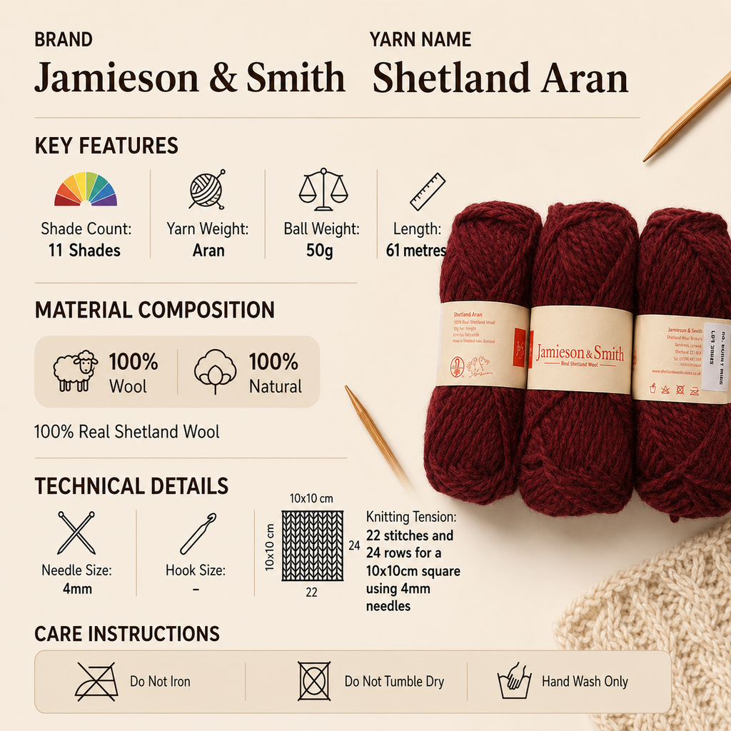 Jamieson & Smith Shetland Aran Weight Yarn - 50g, 100% Wool Fair Isle Crochet & Knitting Wool Yarn for Cables & Traditional Shetland Jumpers & Heritage Knitwear