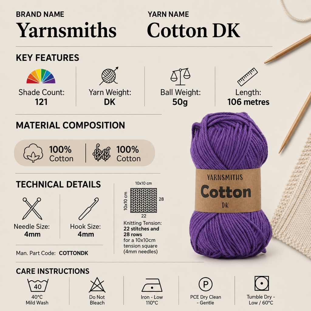Yarnsmiths Cotton DK Yarn for Crochet - 50g, 100% Cotton Soft Double Knitting Wool with Matte Finish for Toys, Cardigans & Headwear