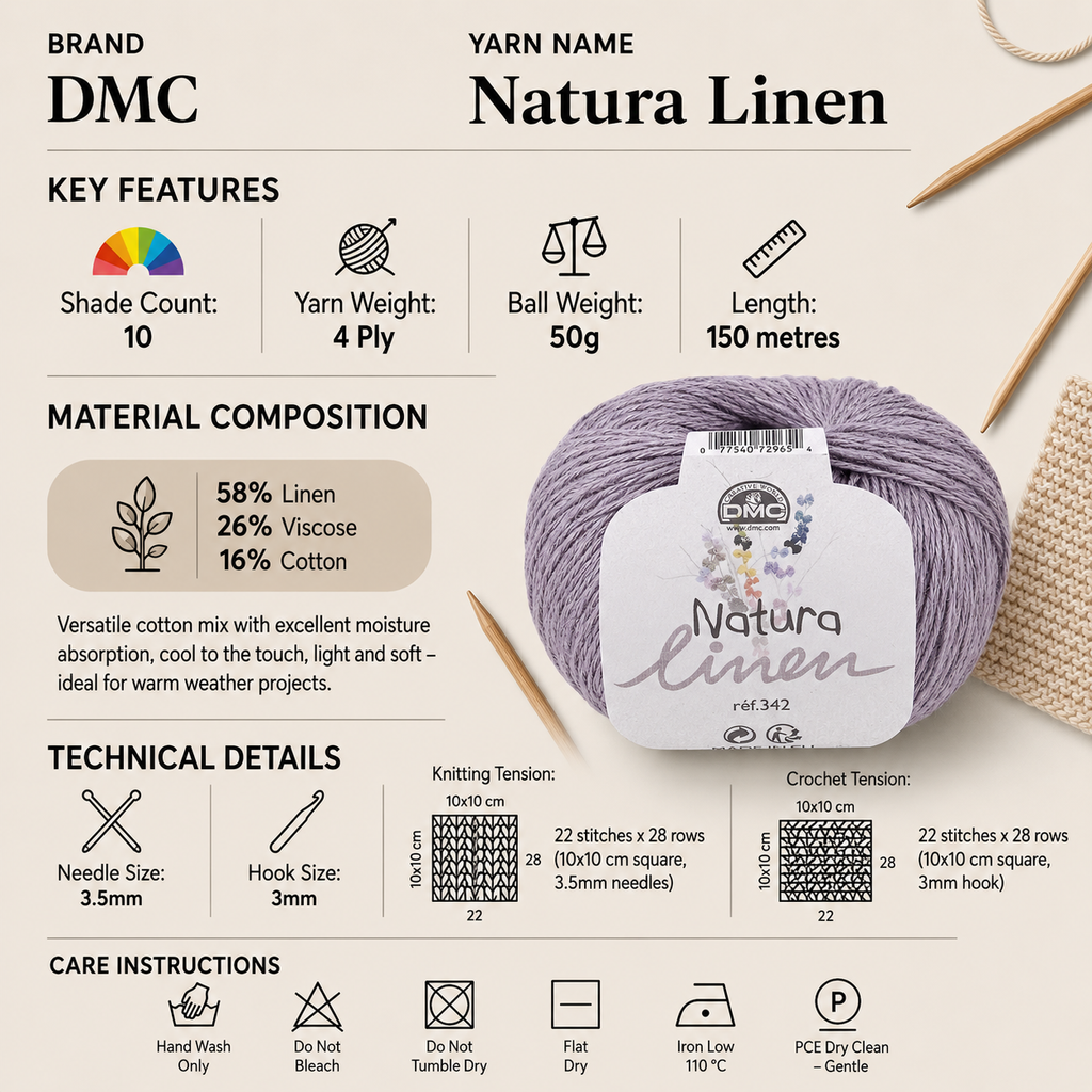 DMC Natura Linen 4 Ply Crochet Yarn - 50g, Lightweight Linen Cotton Blend Knitting Yarn for Summer Garments, Tops & Accessories