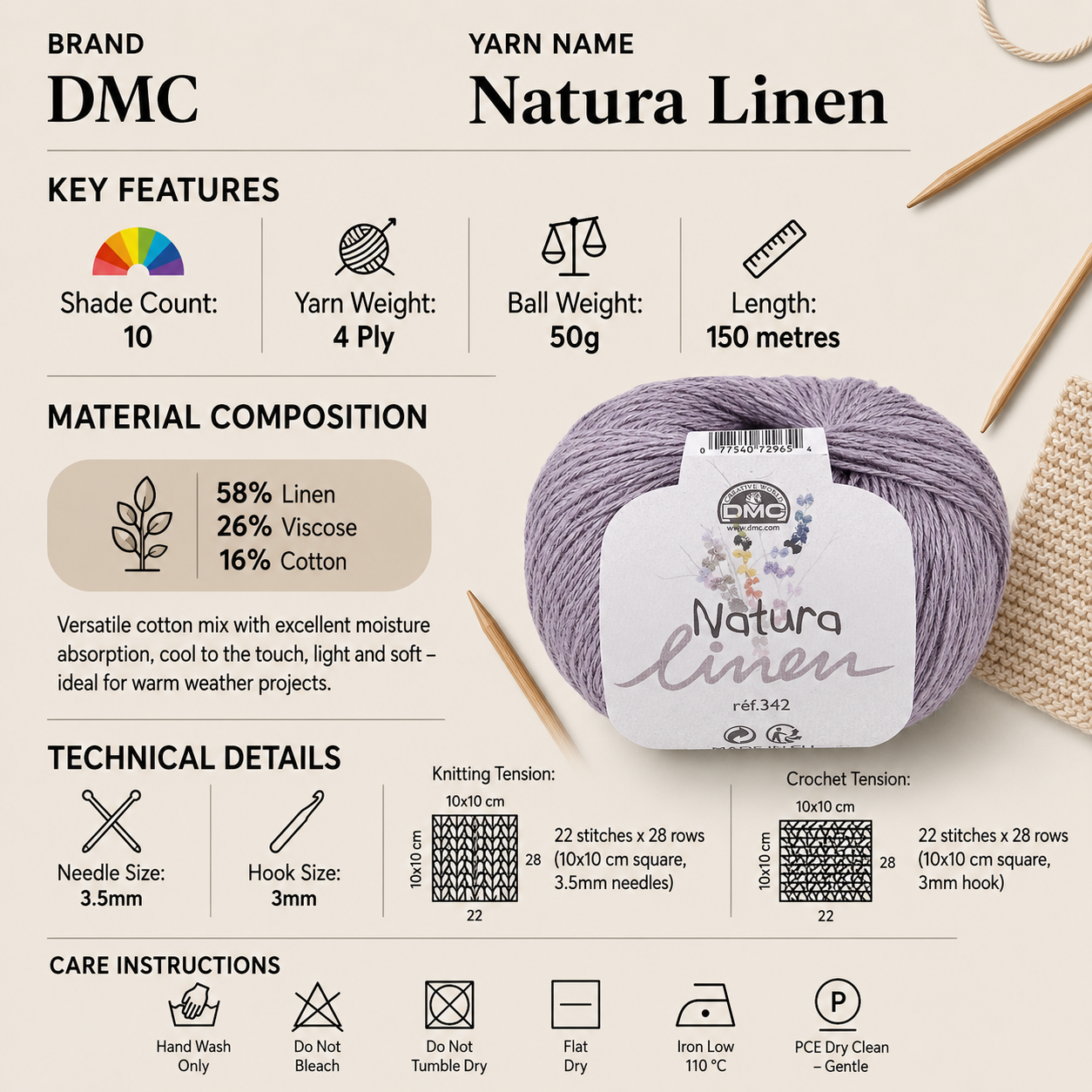 DMC Natura Linen 4 Ply Crochet Yarn - 50g, Lightweight Linen Cotton Blend Knitting Yarn for Summer Garments, Tops & Accessories