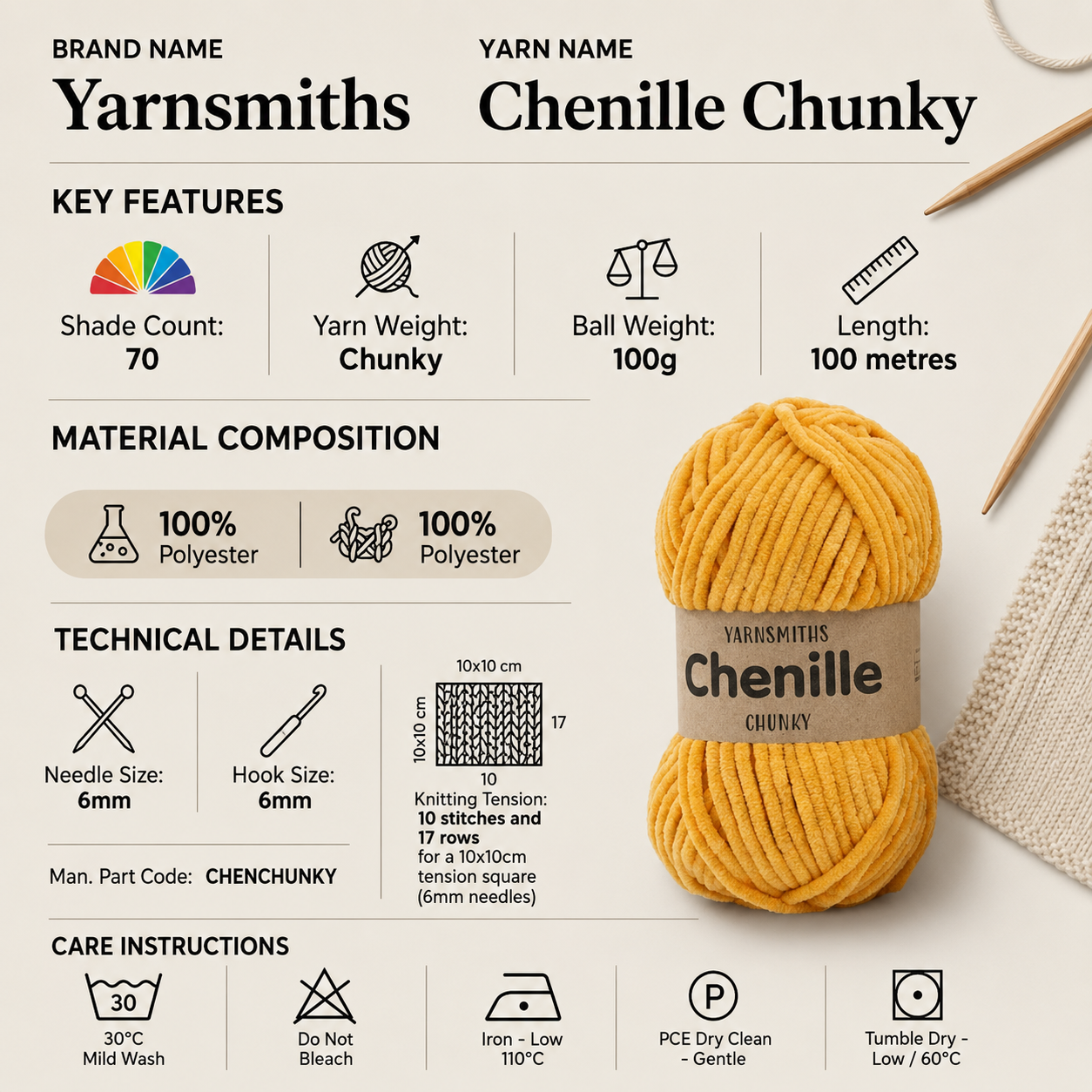 Yarnsmiths Chenille Chunky Yarn - 100g, 100% Polyester Velvet Yarn Crochet & Knitting Wool in Pastel Shades for Toys, Blankets & Amigurumi