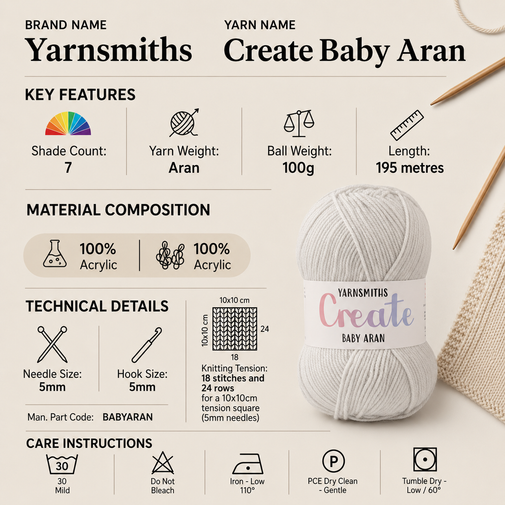 Yarnsmiths Create Baby Aran Yarn - 100g, 100% Acrylic Soft Pastel Shade Crochet & Knitting Wool for Baby Blankets and Clothes