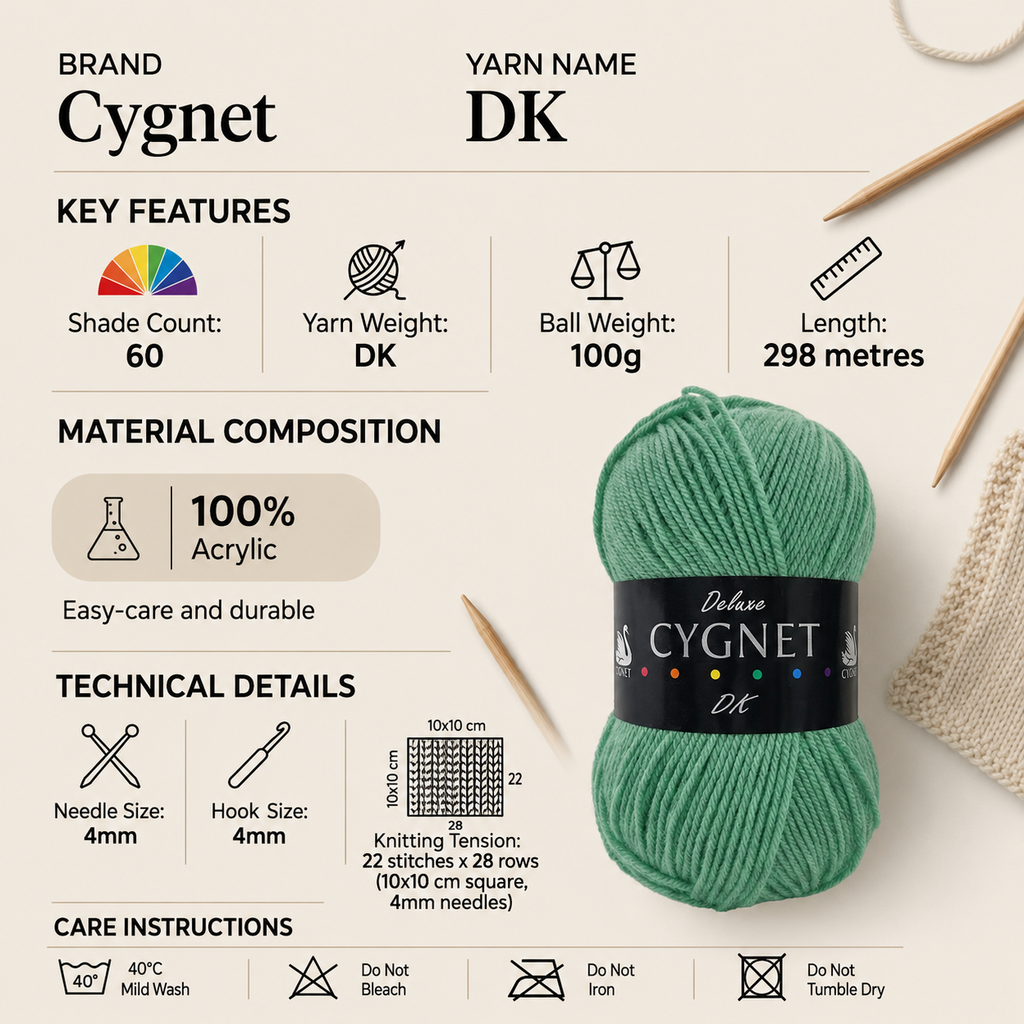 Cygnet Double Knit (DK) Yarn - 100gCrochet, 100% Acrylic Classic Double Knitting Crochet Yarn for Clothing, Toys & Accessories
