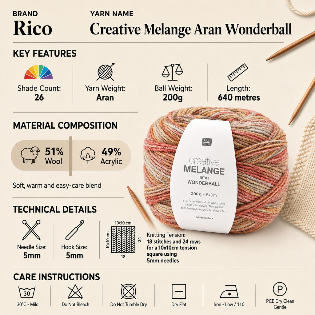 Rico Creative Melange Wonderball Aran Yarn - 200G, Luxury Wool Acrylic Self-Striping Gradient Soft Knitting & Crochet Yarn Cake for Garments & Headwear