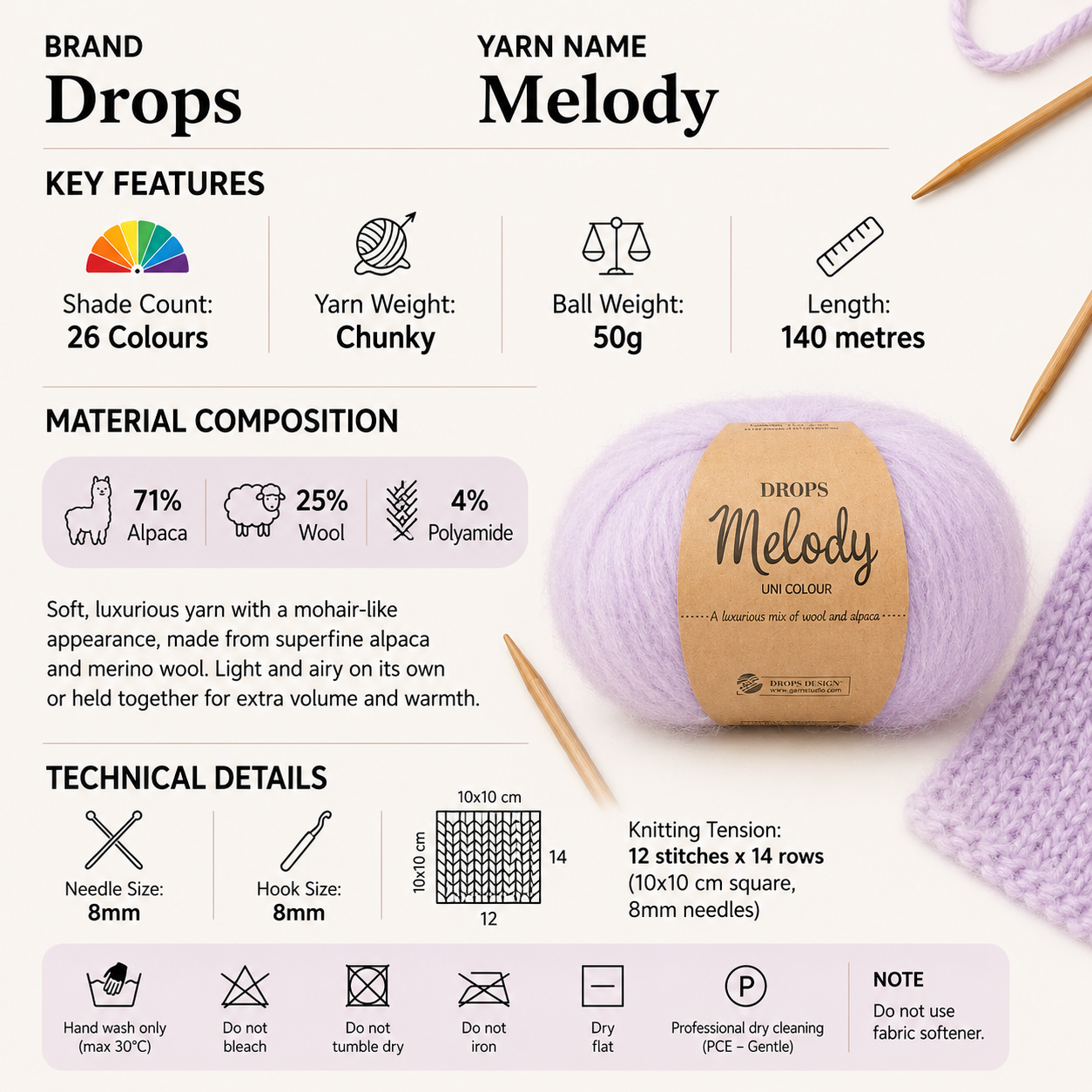 Drops Melody Chunky Crochet Yarn - 50g, Luxury Merino Wool & Alpaca Blend Soft Lightweight Bulky Knitting Wool for Oversized Garments, Shawls & Accessories