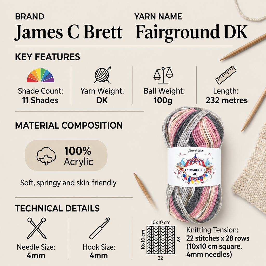 James C Brett Fairground DK Yarn - 100g, Soft 100% Acrylic Double Knitting Crochet Yarn for Baby & Adult Garments, Crafts & Colourful Projects