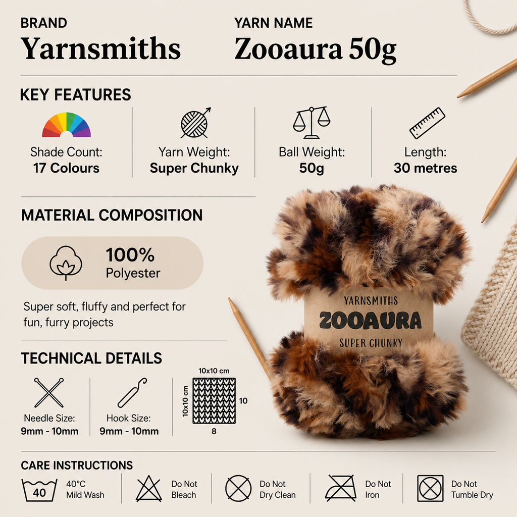 Yarnsmiths Zooaura Super Chunky Fur Yarn - 50g, 100% Polyester Fluffy Soft Faux Fur Effect Synthetic Crochet Knitting Yarn for Animal Plush Toys & Cozy Garments