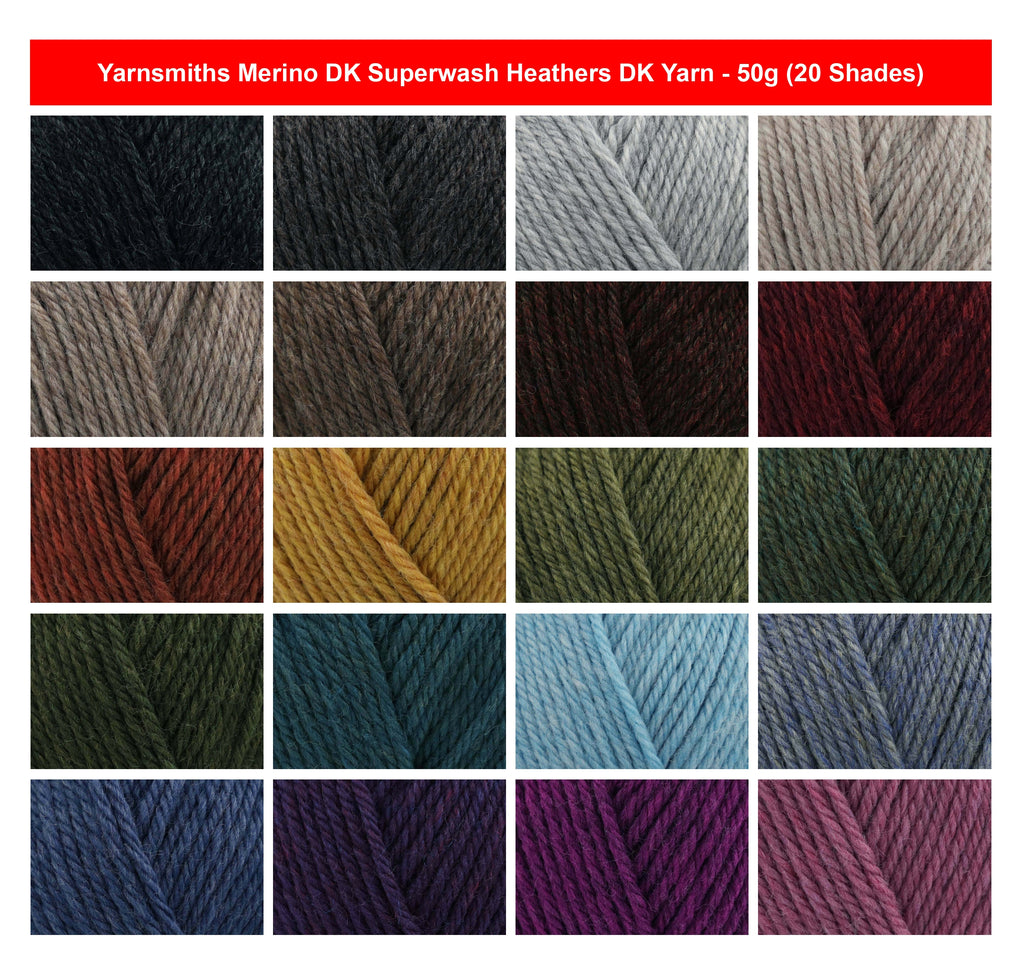 Yarnsmiths Merino DK Superwash Heathers Yarn - 50g, Luxury 100% Merino Wool Soft Squishy Double Knitting Crochet Yarn for Garments & Cozy Nursery Projects