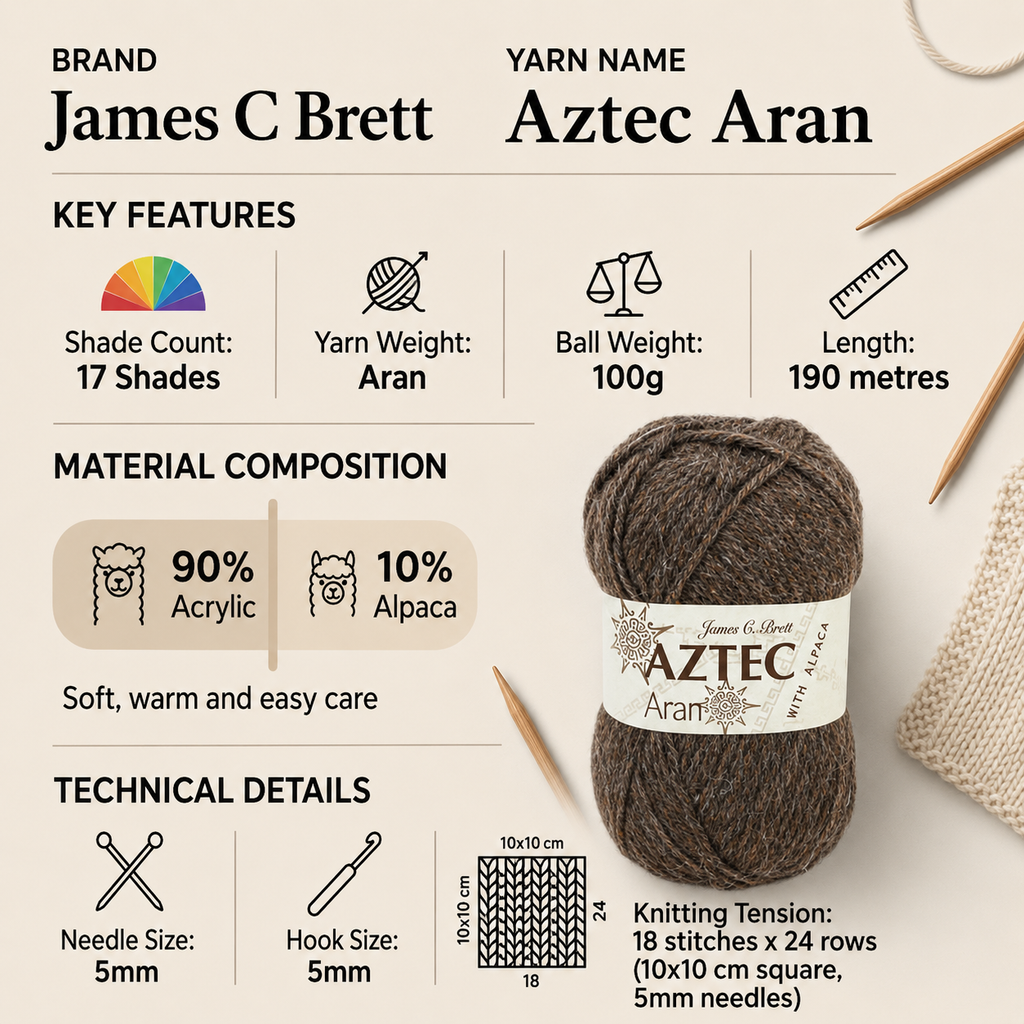 James C Brett Aztec Aran Crochet Yarn - 100g, Soft Acrylic & Alpaca Blend Knitting Wool for Winter Garments and Accessories