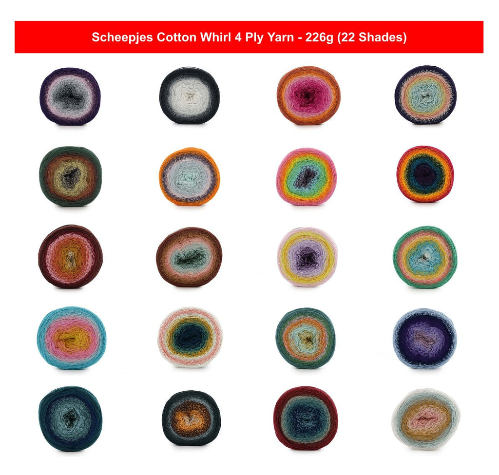 Scheepjes Cotton Whirl 4 Ply Yarn Cake - 226g, 100% Organic Cotton Gradient Colored Knitting Wool for Crochet Shawls, Summer Tops & Blankets