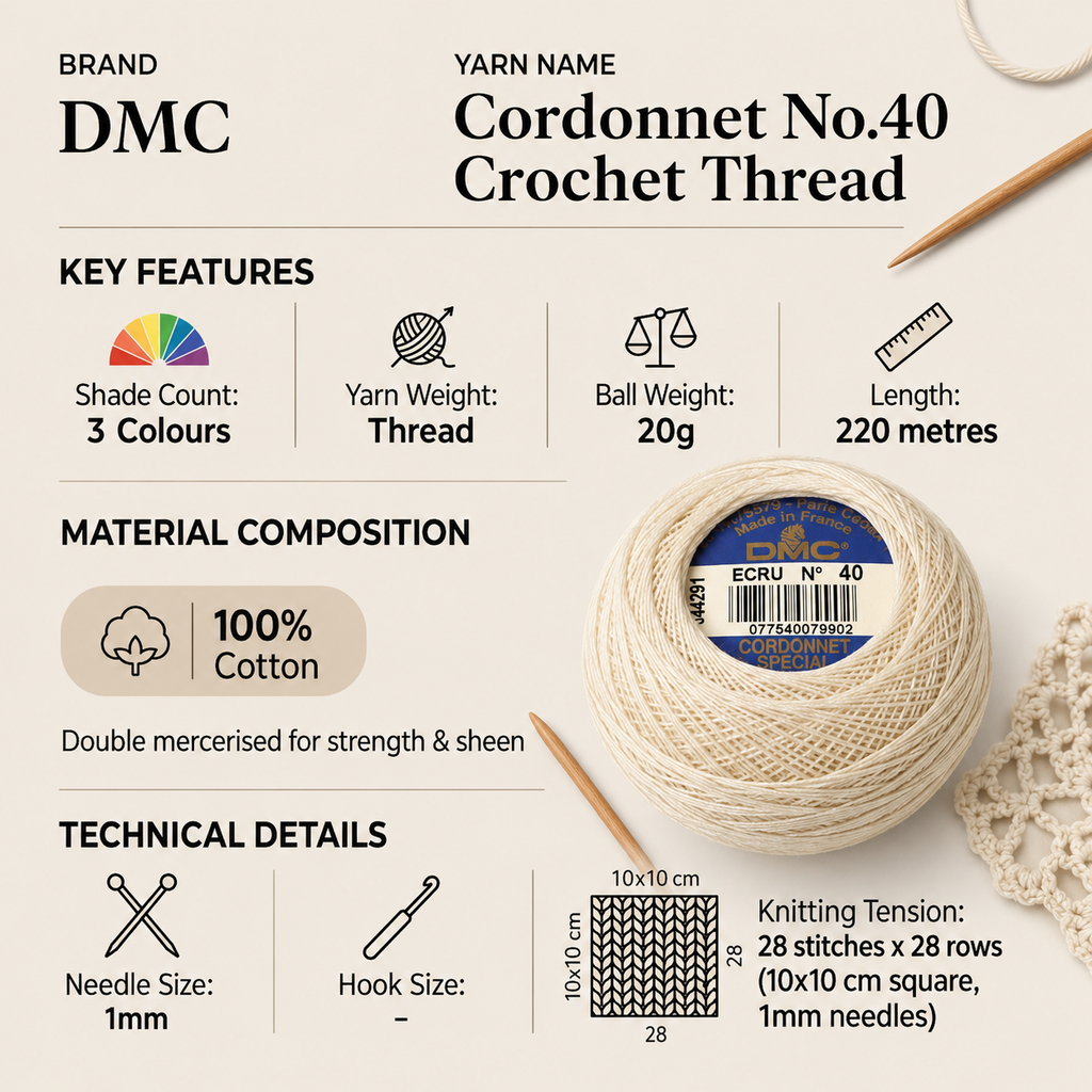 DMC Cordonnet No.40 Crochet Thread Yarn - 20g, 100% Double Mercerised Cotton, 6-Ply High-Gloss Strong Knitting Thread for Lacework, Doilies & Crafts