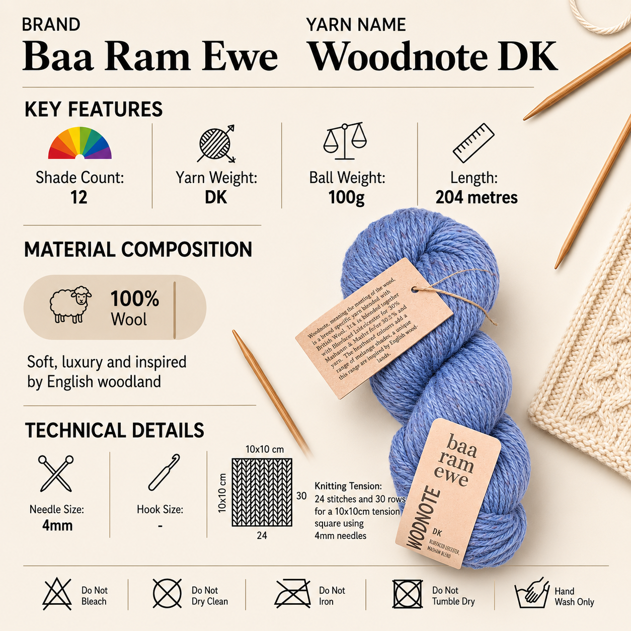 Baa Ram Ewe Woodnote Double Knit DK Yarn - 100g, Luxury 100% Wool British Breed Blend English Woodland Inspired Crochet Double Knitting Yarn for Garments & Accessories