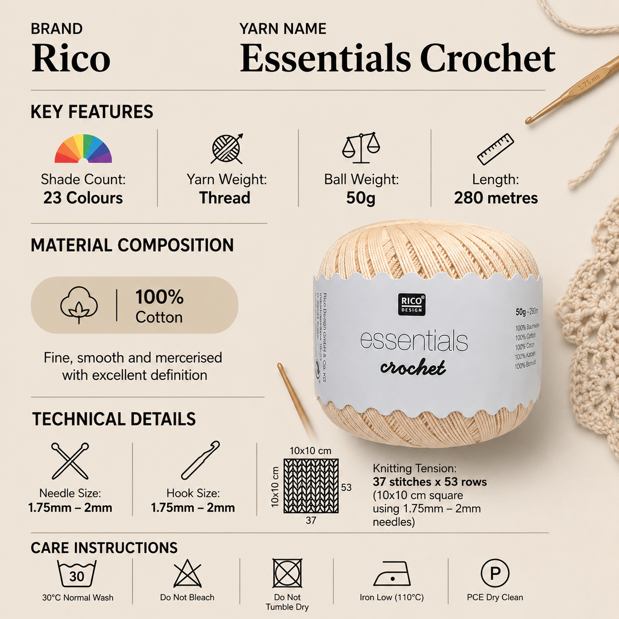 Rico Essentials Crochet Thread Yarn - 50G, 100% Mercerised Fine Lace Cotton Size 10 Thread Yarn for Crochet Doilies, Mandalas & Micro Jewelry