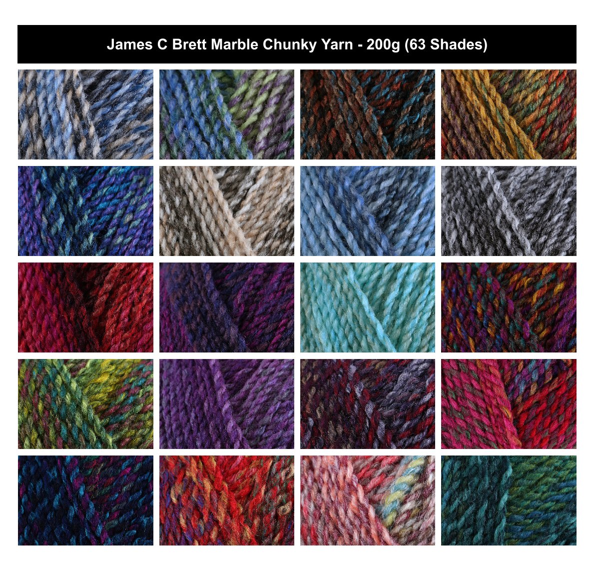 James C Brett Marble Chunky Yarn - 200g, 100% Acrylic Contrast Colour Bright & Earthy Shades Crochet & Knitting Wool for Sweaters, Cardigans, Blankets & Cushions
