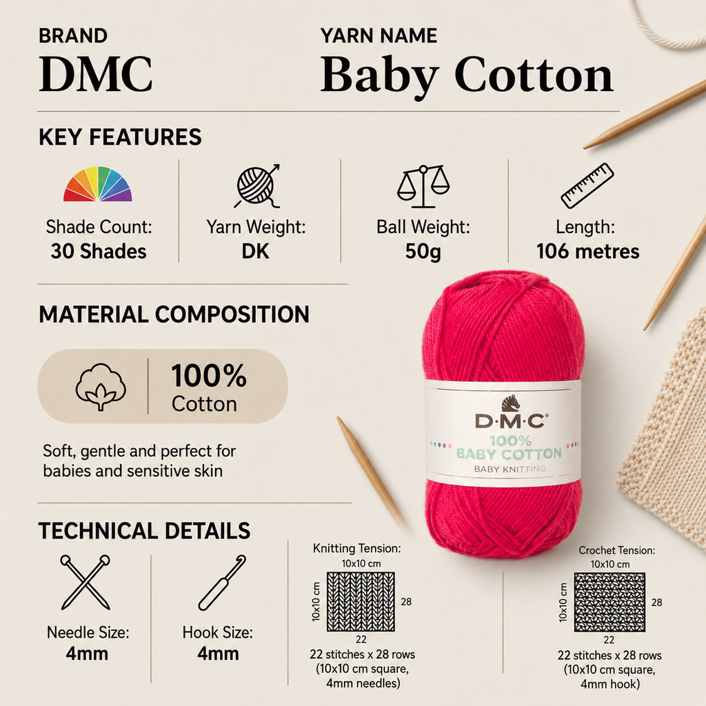 DMC Baby Cotton DK Crochet Baby Yarn - 50g, 100% Unmercerised Cotton Double Knitting Yarn for Babies Toodler Garments, Blankets and Toys