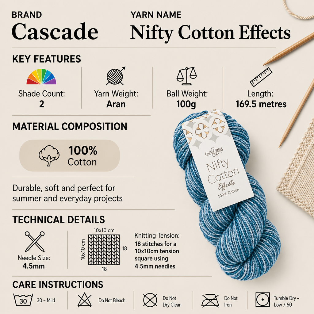 Cascade Nifty Cotton Effects Aran Yarn - 100g, 100% Cotton Breathable Worsted Weight Soft Crochet & Knitting Wool With Matte Finish for Baby Clothes & Blankets