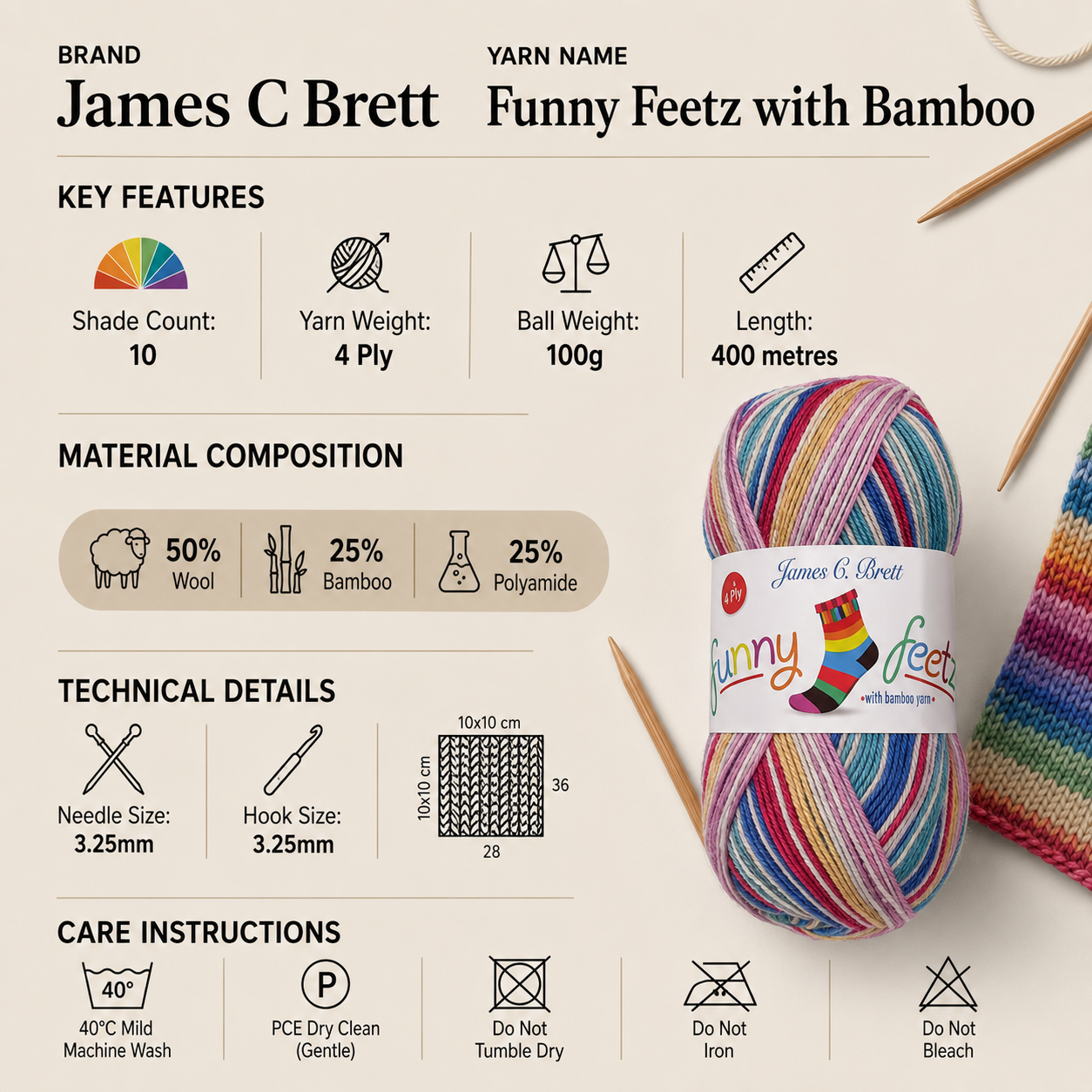 James C Brett Funny Feetz Bamboo Yarn - 100g, Self-Patterning Wool, Bamboo & Polyamide Blend - Soft, Durable Knitting & Crochet Yarn for Socks & Accessories