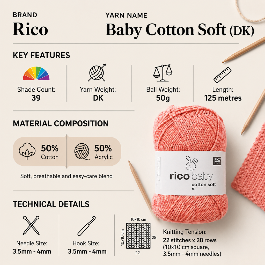 Rico Baby Cotton Soft DK Yarn for Crochet - 50G, Luxury Cotton Acrylic Blend Solid Pastel Shade Soft Knitting Baby Wool for Summer Garments, Socks & Toys