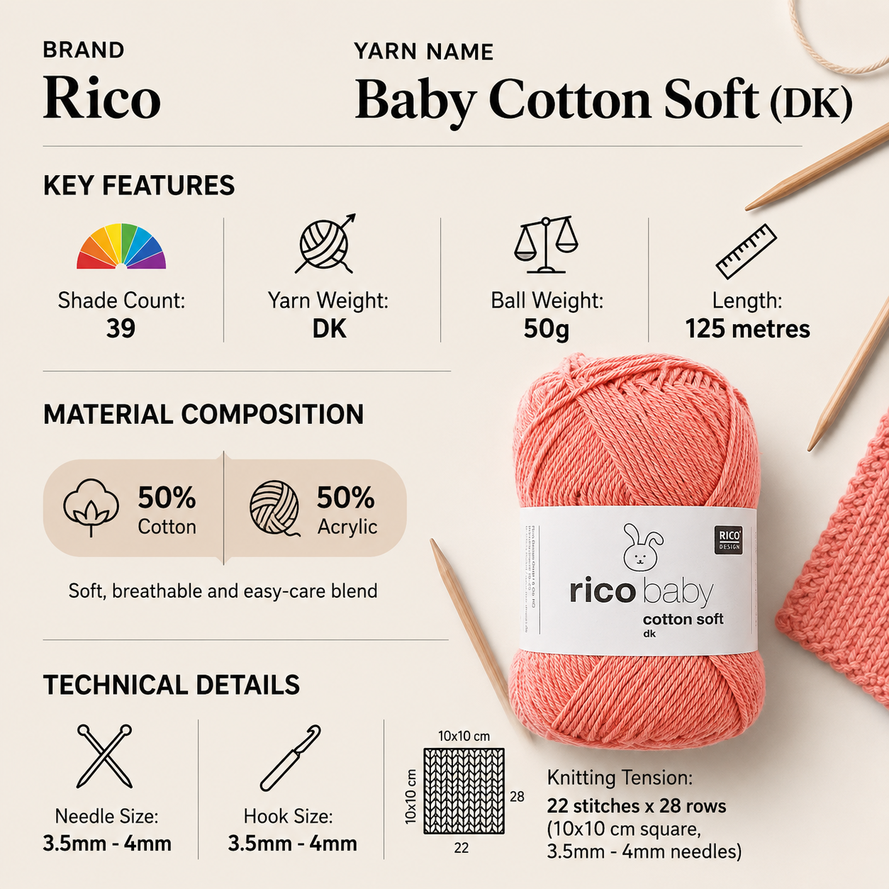 Rico Baby Cotton Soft DK Yarn for Crochet - 50G, Luxury Cotton Acrylic Blend Solid Pastel Shade Soft Knitting Baby Wool for Summer Garments, Socks & Toys