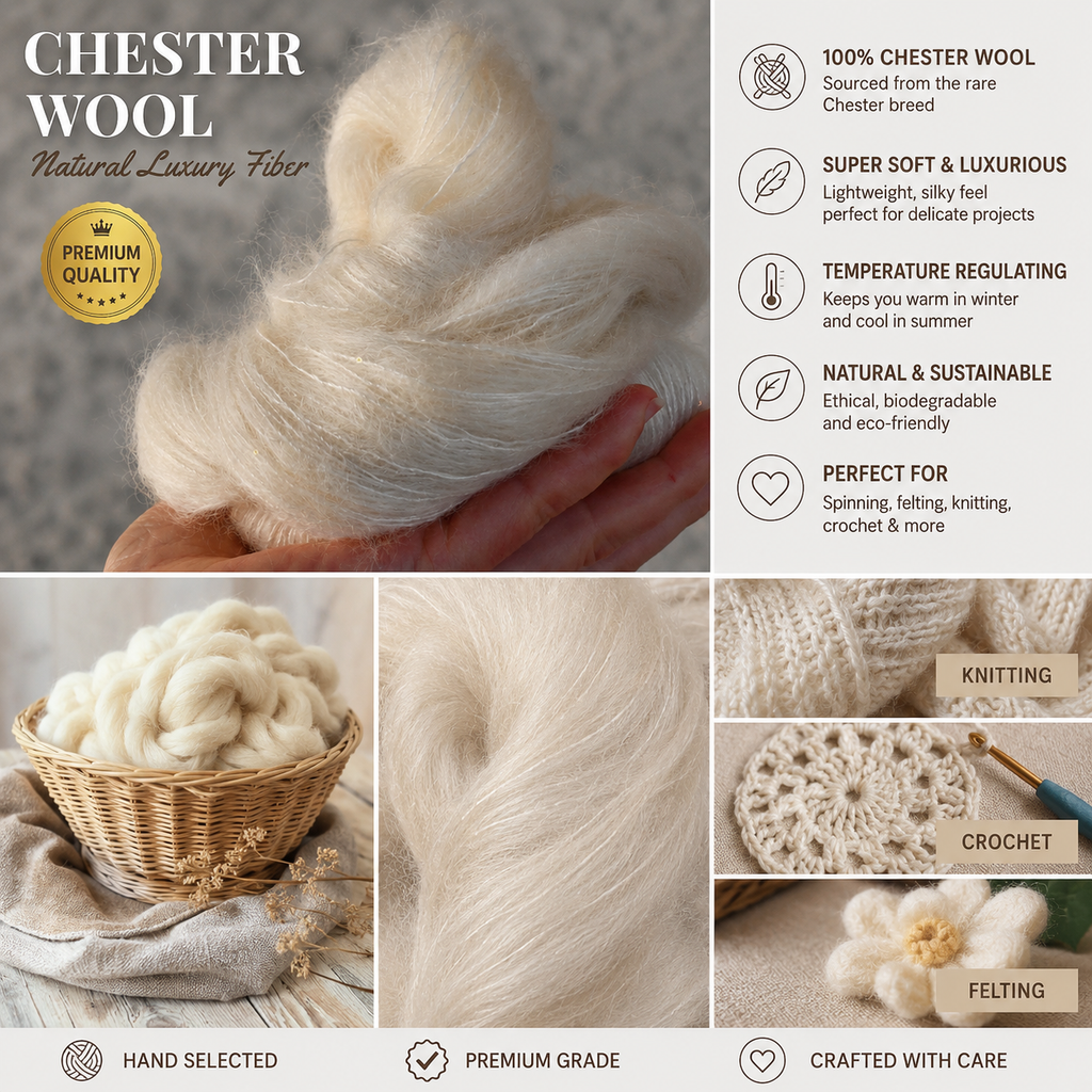 Chester Wool Natural Undyed Knitting & Crochet Yarn - Merino, Alpaca, Silk, Cashmere & Wool Blends - Lace, 4 Ply, DK, Aran & Super Chunky