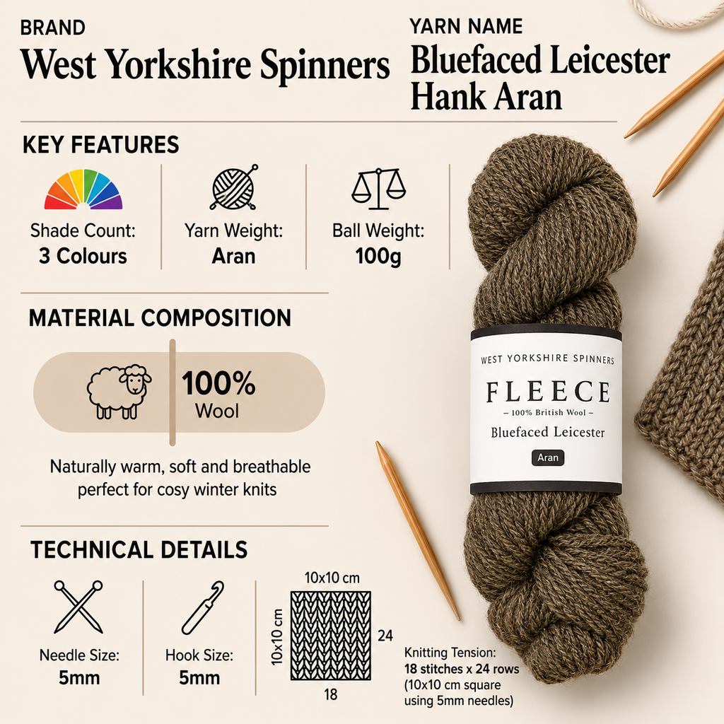 West Yorkshire Spinners Fleece Bluefaced Leicester Hank Aran - 100g, Luxury 100% British Wool Undyed Soft Crochet Knitting Wool Yarn for Cosy Jumpers & Sweaters
