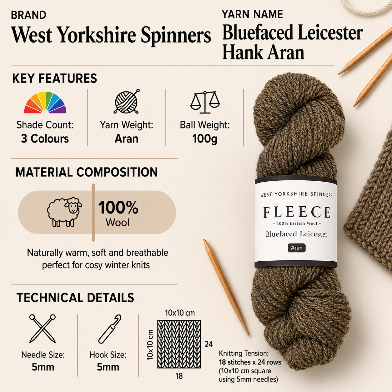 West Yorkshire Spinners Fleece Bluefaced Leicester Hank Aran - 100g, Luxury 100% British Wool Undyed Soft Crochet Knitting Wool Yarn for Cosy Jumpers & Sweaters
