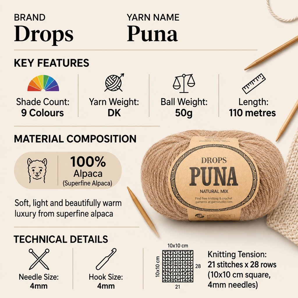 Drops Puna DK Yarn for Crochet and Knitting - 50g, Luxury 100% Superfine Alpaca Soft Lightweight Double Knit Wool for Winter Sweaters, Shawls & Blankets