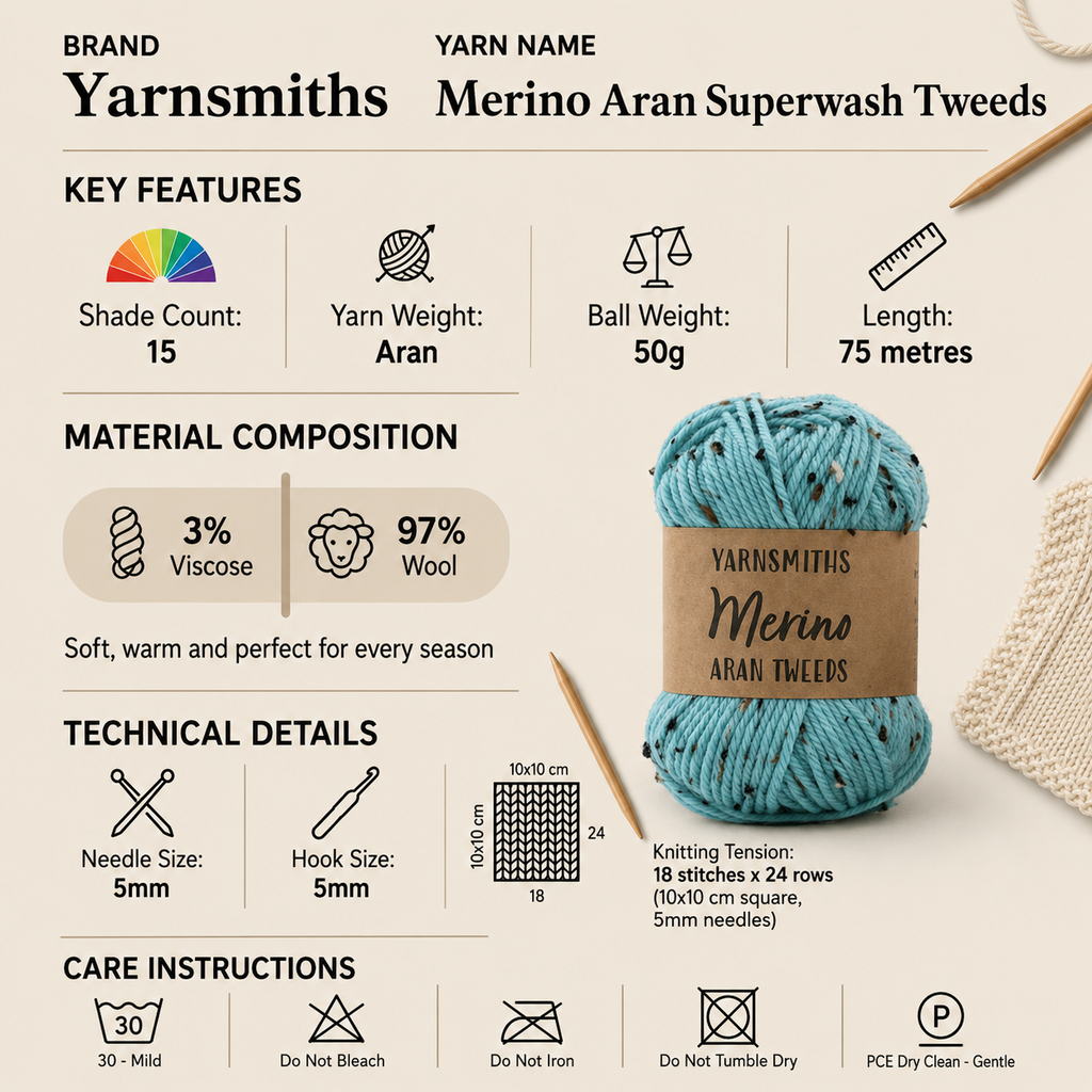 Yarnsmiths Merino Aran Superwash Tweeds Aran - 50g, Luxury Wool & Viscose Blend Soft Crochet & Knitting Wool Yarn with Tweed Nepps for Garments & Accessories