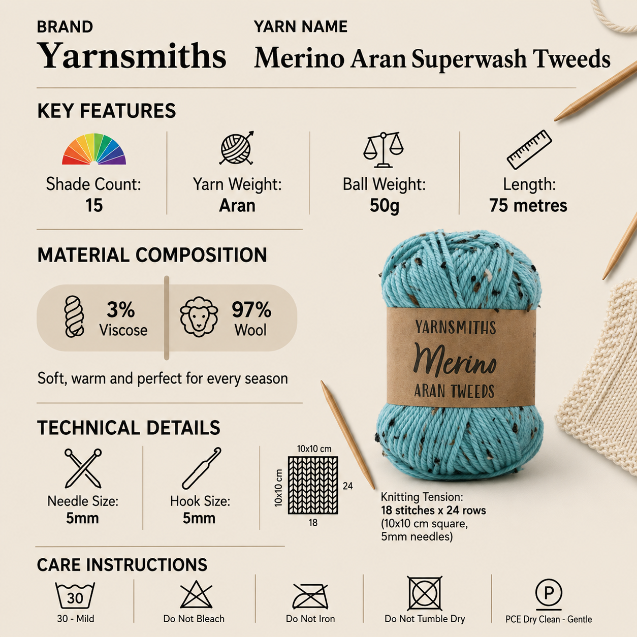 Yarnsmiths Merino Aran Superwash Tweeds Aran - 50g, Luxury Wool & Viscose Blend Soft Crochet & Knitting Wool Yarn with Tweed Nepps for Garments & Accessories
