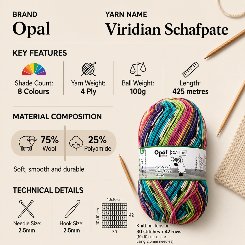 Opal Viridian Schafpate Sock Yarn for Crochet - 100g, Wool Blend Self-Striping Knitting Wool Yarn for Multicolour Socks, Hats, Scarves & Accessories