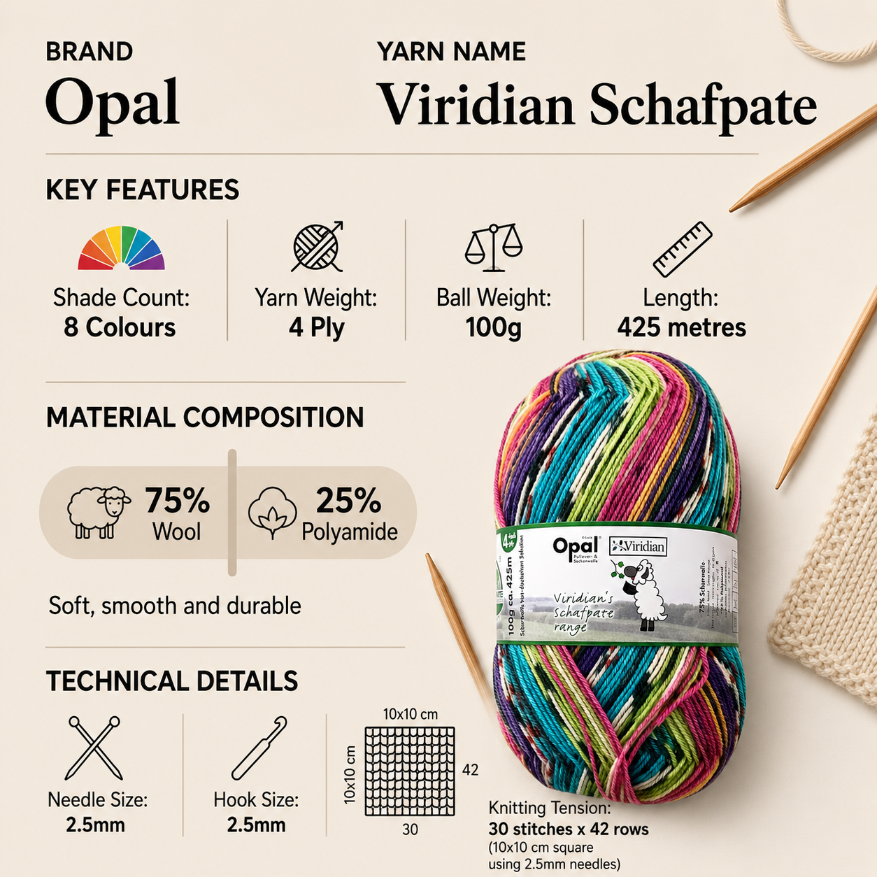 Opal Viridian Schafpate Sock Yarn for Crochet - 100g, Wool Blend Self-Striping Knitting Wool Yarn for Multicolour Socks, Hats, Scarves & Accessories