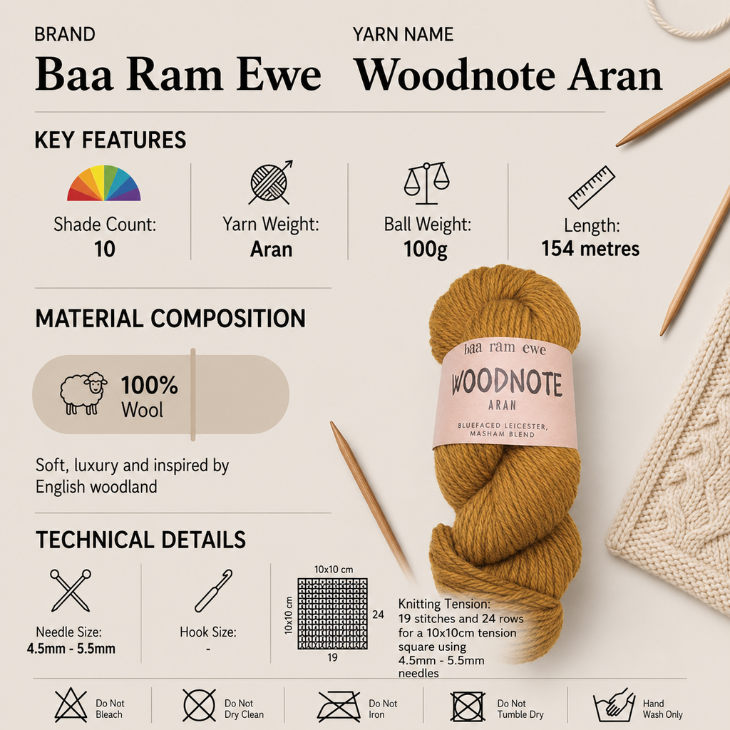Baa Ram Ewe Woodnote Aran Crochet Yarn - 100g, Luxury 100% Wool British Breed Blend English Woodland Inspired Knitting Yarn for Cardigans, Sweaters, Hats,Mittens & Accessories