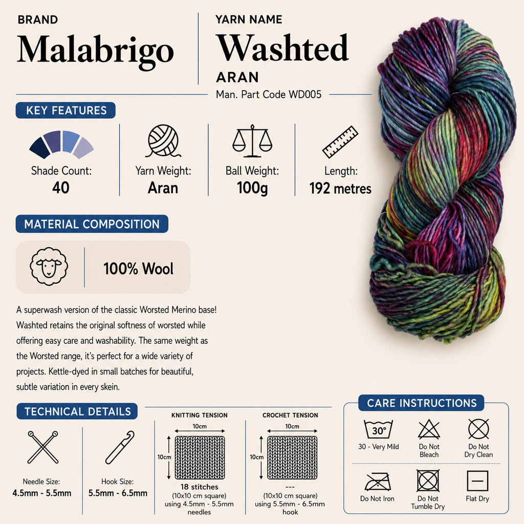 Malabrigo Washted Aran Crochet Yarn - 100g, Superwash Merino Wool Hand Kettle-Dyed Single Ply Yarn for Sweaters, Cables, Colourwork & Accessories