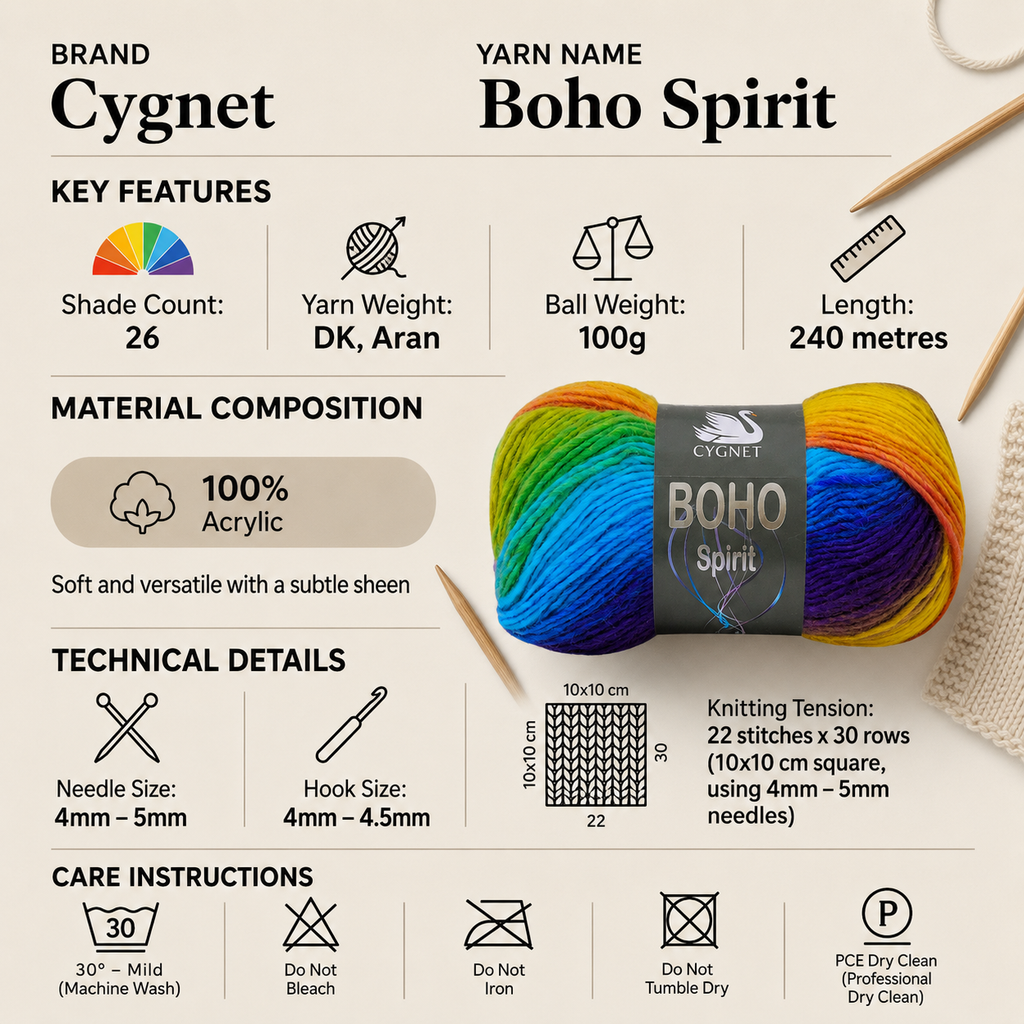 Cygnet Boho Spirit DK Aran Yarn - 100g, Soft 100% Acrylic Multi-Coloured Double Knitting & Crochet Yarn for Garment with a Beautiful Subtle Sheen