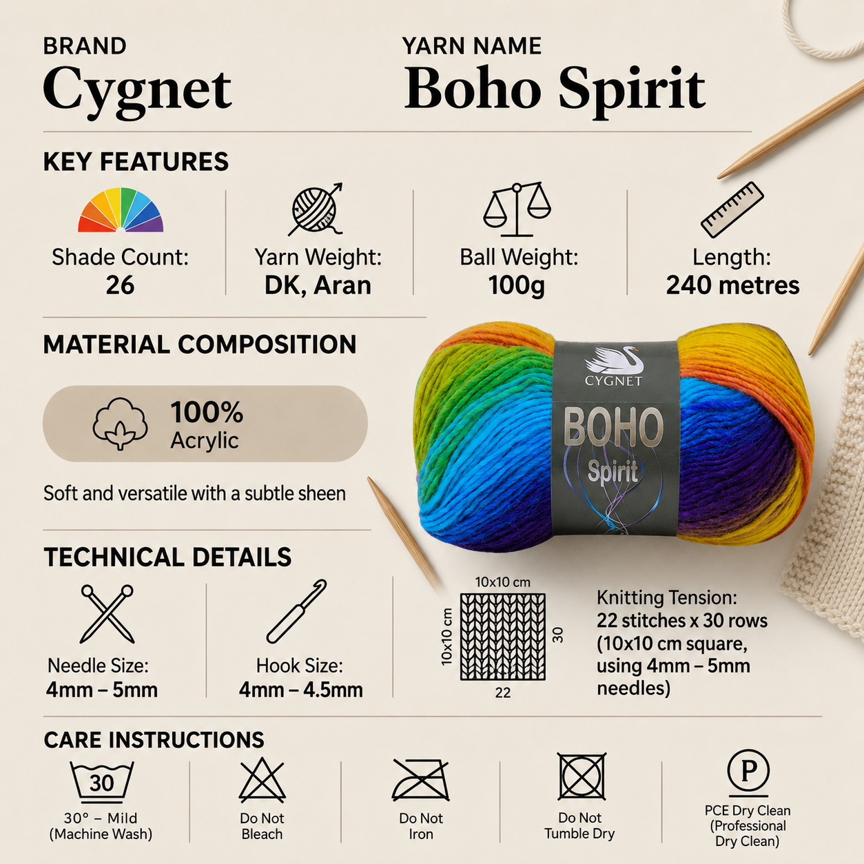 Cygnet Boho Spirit DK Aran Yarn - 100g, Soft 100% Acrylic Multi-Coloured Double Knitting & Crochet Yarn for Garment with a Beautiful Subtle Sheen