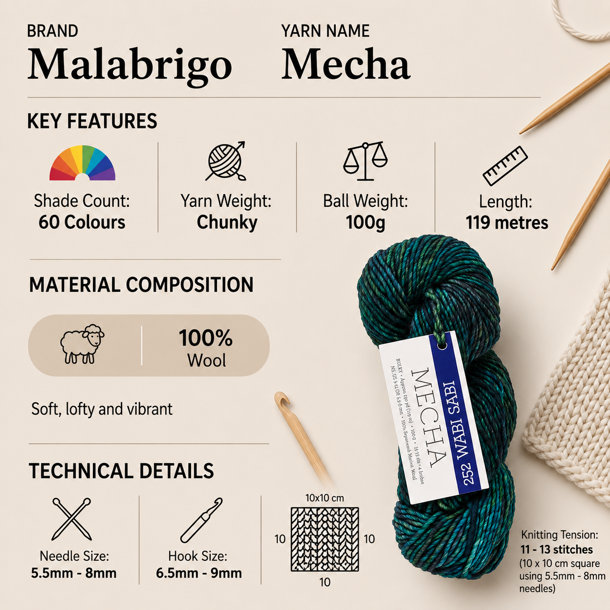 Malabrigo Mecha Chunky Yarn for Crochet - 100g, 100% Superwash Merino Wool Yarn, Hand Kettle Dyed Single Ply Bulky Yarn for Sweaters, Scarves & Accessories