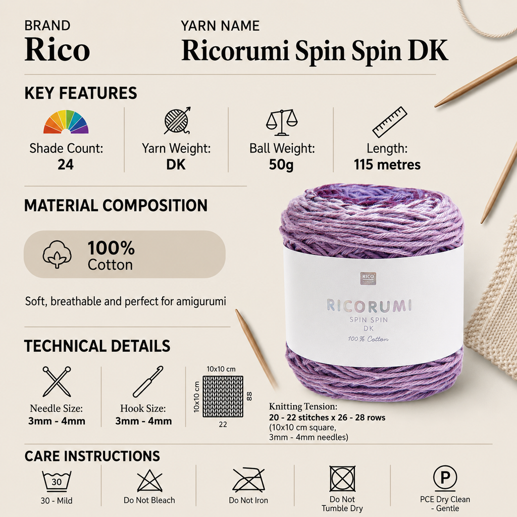 Rico Ricorumi Spin Spin DK Yarn - 50G, 100% Pure Cotton Gradient Self-Striping Amigurumi Double Knit & Crochet Yarn Cake for Plushies, Blankets & Home Decor