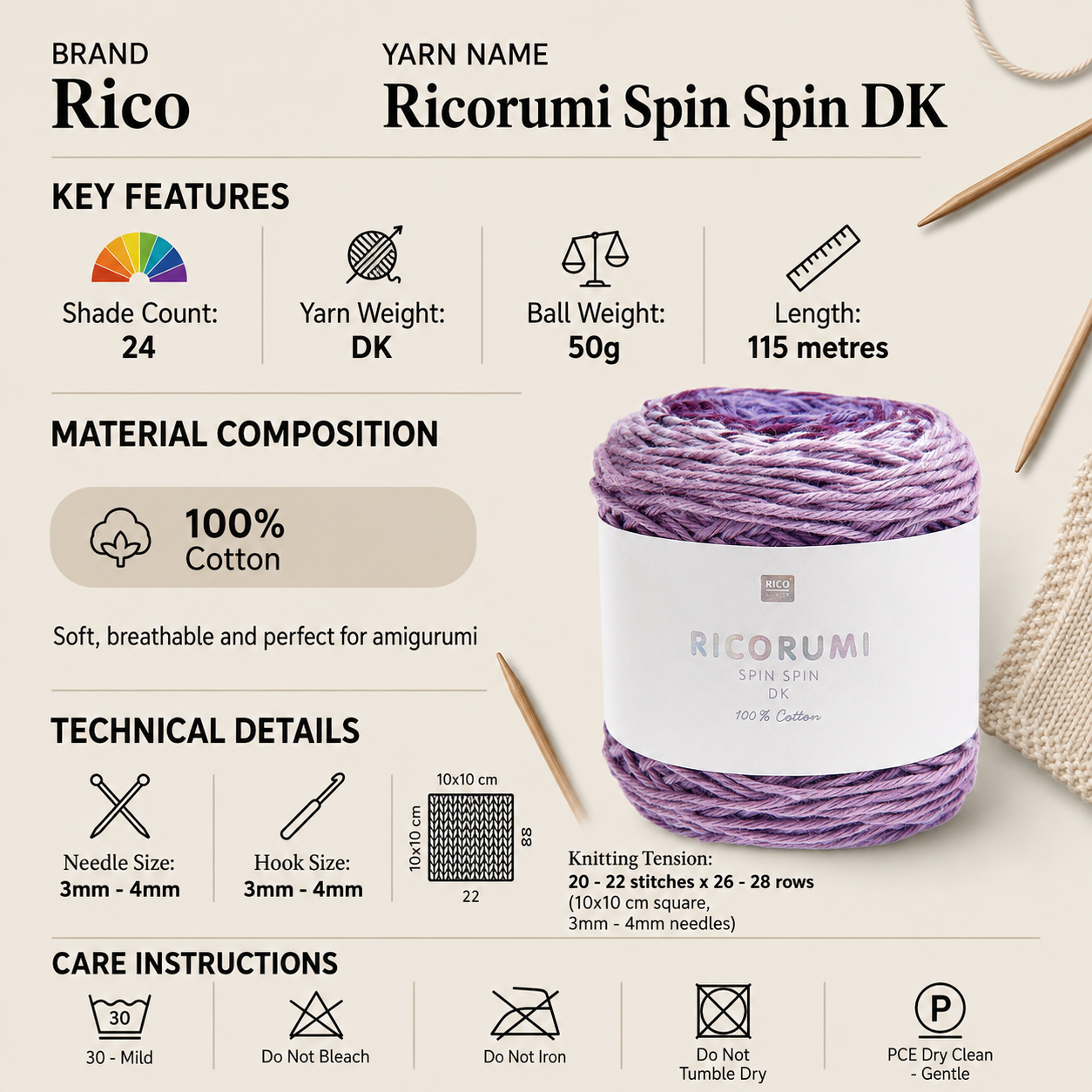 Rico Ricorumi Spin Spin DK Yarn - 50G, 100% Pure Cotton Gradient Self-Striping Amigurumi Double Knit & Crochet Yarn Cake for Plushies, Blankets & Home Decor