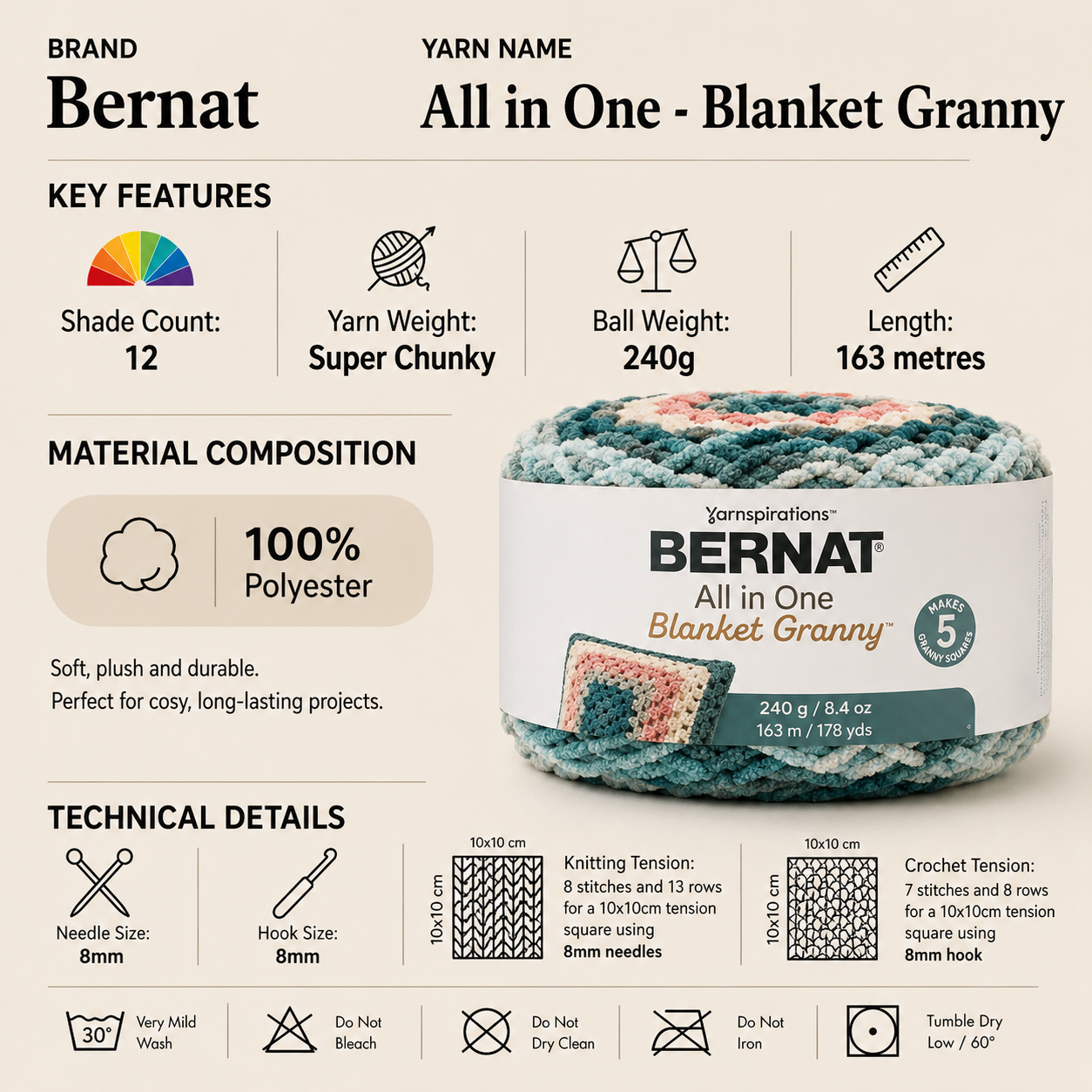 Bernat All In One Blanket Granny Super Chunky Yarn - 240G, 100% Polyester Self Striping Chenille Knitting Wool for Crochet Granny Square, Blankets, Bags & Purses