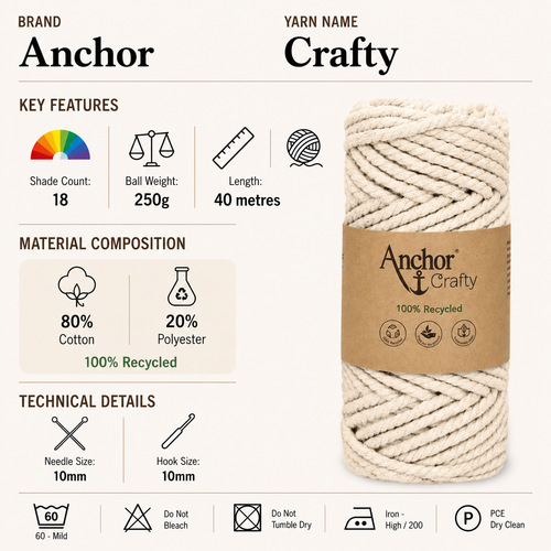 Anchor Crafty 250g Recycled Thread Yarn - 250g, Chunky Eco-Friendly Poly Cotton Blend Yarn for Crochet, Knitting, Macramé, Wall Hanging & Home Décor Projects