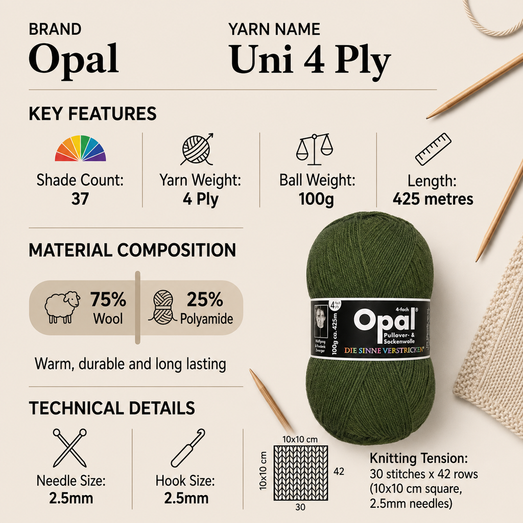 Opal Uni 4 Ply Crochet Sock Yarn - 100g, Wool Polyamide Blend Lightweight Solid Wool Yarn for Socks & Accessories