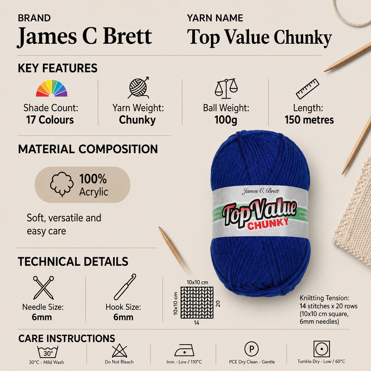 James C Brett Top Value Chunky Yarn - 200g, 100% Acrylic Chunky Crochet & Knitting Wool for Blankets, Jumpers & Hats