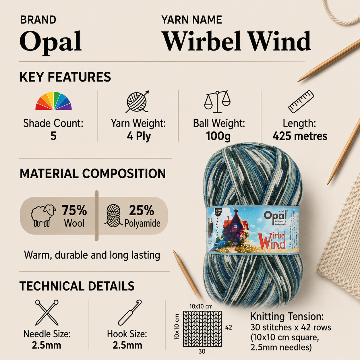Opal Wirbel Wind 4 Ply Crochet Yarn - 100g, Wool Blend Self-Striping Soft Durable Knitting Sock Yarn for Gloves, Shawls & Accessories