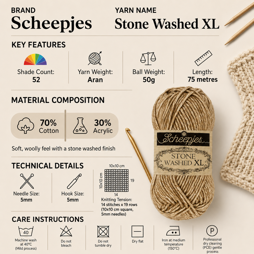 Scheepjes Stone Washed XL Aran Crochet Yarn - 50g, Cotton Acrylic Blend Cozy Knitting Wool With Soft Woolly Feel for Garments, Blankets & Headwear